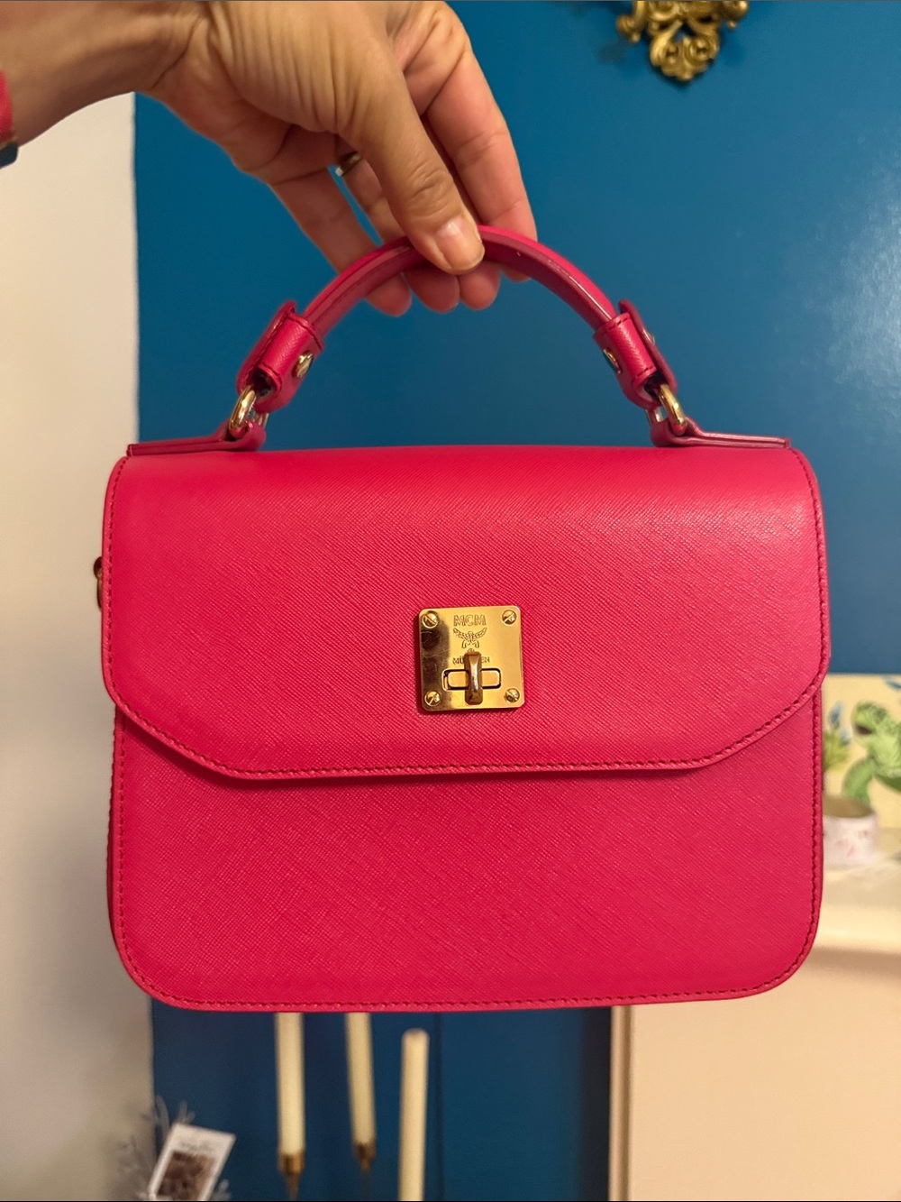 MCM Hot Pink Structured Top-Handle Crossbody with Gold Hardware